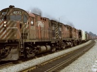 C-424 4233 is westbound at Dorval Quebec in the early 1970's.  This unit was retired by the CPR and was sold to the Apache Railway in the US.