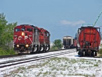 Late spring snow, not uncommon in Alberta, greets the crew of CP 9022, 5930 and 5910 switching grain cars at Niobe near Inissfail