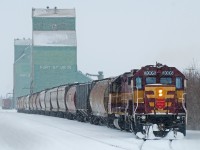 CN's 0600 Fort St John yard is in the process of spotting "the pools" during a March snow storm. WC 2005 has since been repainted in CN colours.
