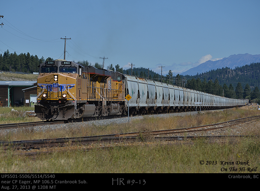 UP5501-5506 with mid-train DPU UP5514 and rear DPU UP5540 are seen passing the old Crestbrook mill site as they haul loaded potash through Cranbrook, BC bound for Portland Oregon.