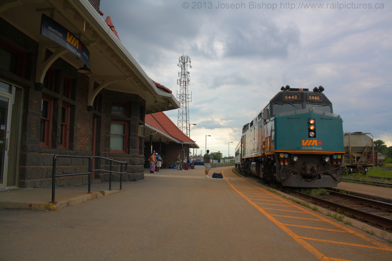 Via train number 76 cruises into Brantford under very overcast skies.  Via 6448 was in charge of 4 Budd passenger cars.  This is my 120th photo on Railpictures.ca