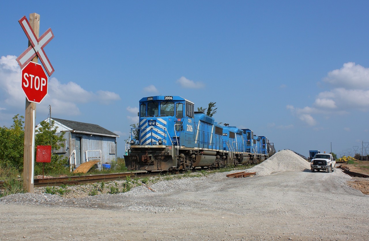 The Nanticoke Road Switcher sits awaiting its crew at Garnet with 3 GP20D's for the power.  To the right of the locomotives is the construction for new yard tracks that are currently being put into place and switches will be installed soon also.   Change is coming to Garnet and the SOR...new yard tracks and as soon as G&W can get new power to the SOR the GP20D's will be returned to the leaser.