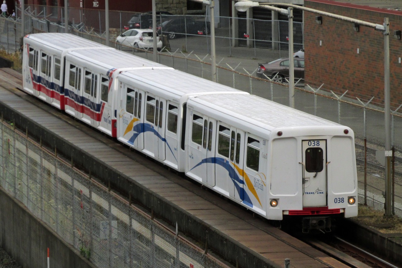 Translink "Skytrain" (Vancouver) MkI UTDC 4 car set with #038 leading.  Built in 1984-85 these were the original train sets for the "Expo" line opened in time for Expo '86 running between Waterfront and New Westminster.