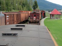 Conductor's eye view of the train.  Just the museum train but interesting nevertheless.  From the capola of caboose CP 437 477 there is a 1924 flatcar 421237 too close for the conductor to see!, then 1929 boom car 404116, flanger  400573 (ex 40ft steel box car), 1913 Jordan Spreader 402811 and at the end 1926 snowplow 401027.