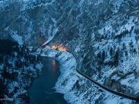 During blue hour a westbound CP sulphur train streaks through the White Canyon on CNs Ashcroft Sub, east of Lytton, BC. 
