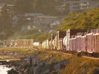 With some nice evening light and shiny BNSF engines, a Westbound BNSF mixed freight heads up the New Westminster subdivision near White Rock heading just about 15 mins after the Amtrak Cascades passed.