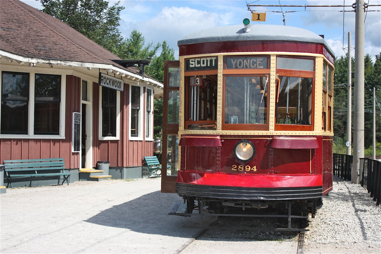 Vintage TTC streetcar 2894 sits infront of the relocated Rockwood CNR station at the Halton Radial Railroad museum awaiting its next trip.