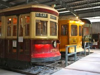 Vintage streetcars are seen on display inside one of the car barns at the Halton Radial Railroad museum.