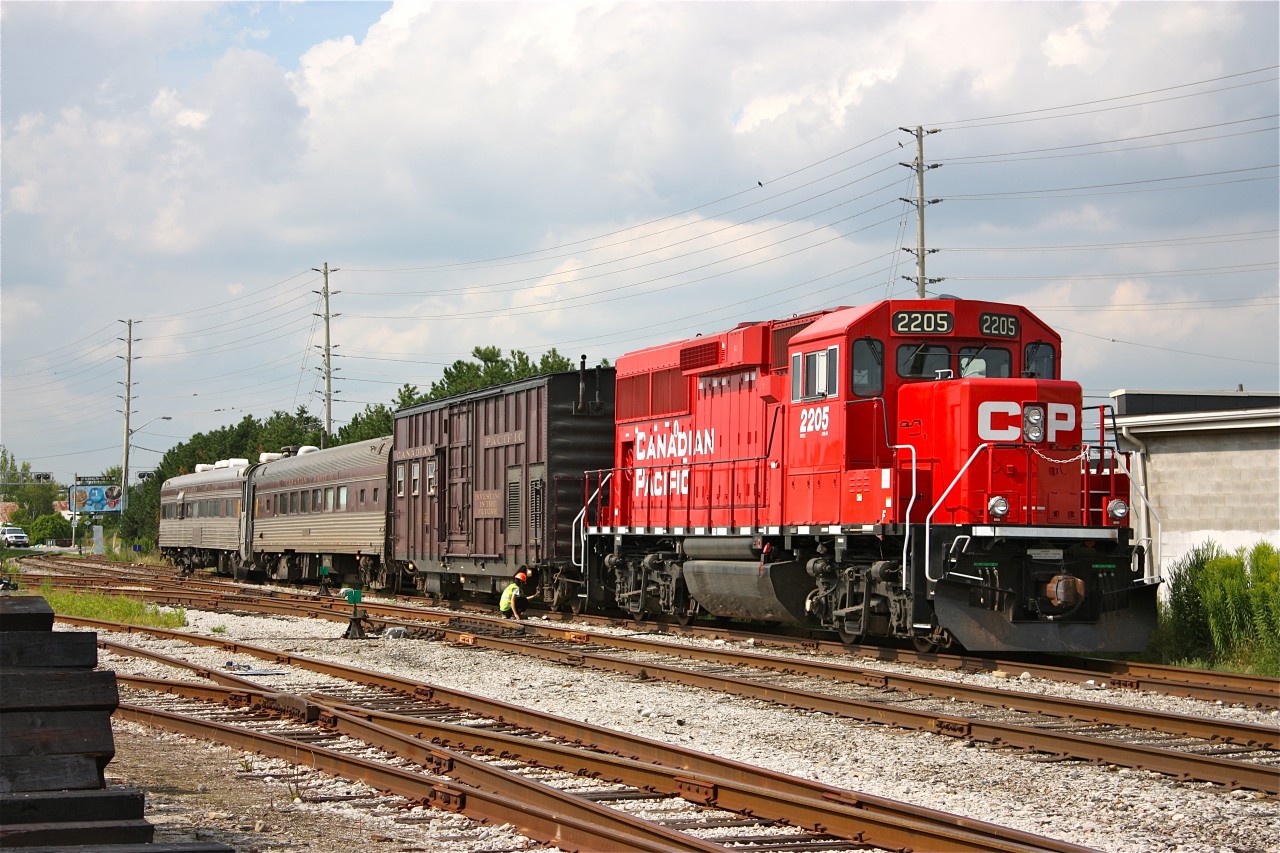 CP's rail geometry train with brand new GP20C #2205 has finished its day of inspecting the Orangeville & Brampton RR (CANDO) line to Orangeville. The train will spend the night at Streetsville Jct. before moving on in the morning.