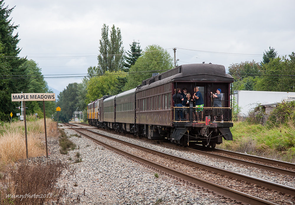 Bringing up the markers on the heritage train is CP business car Mount Royal. Patrons paid a substantive amount less to ride then those who pay thousands to ride the Royal Canadian Pacific luxury train.