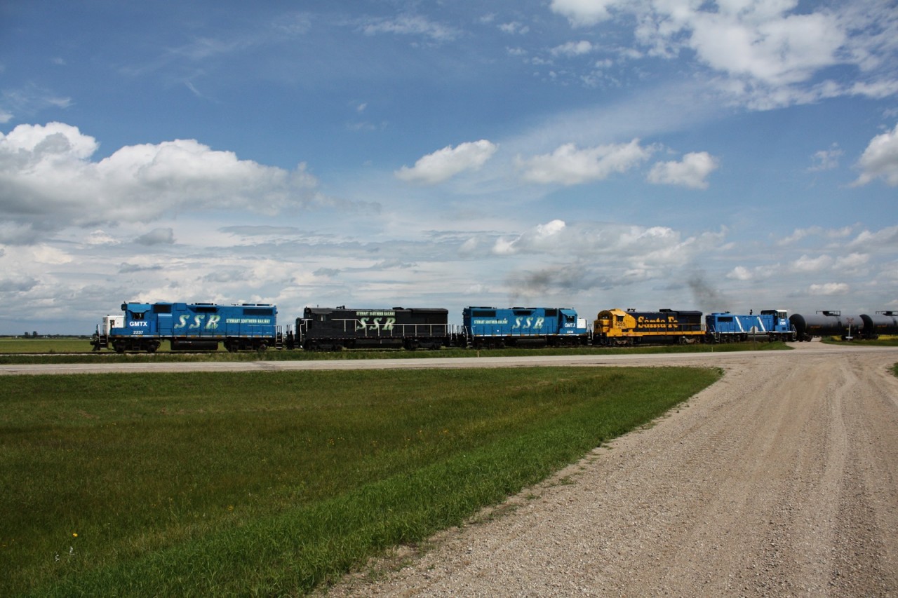 SSR newer power leads a mixed consist towards Regina with 85 loaded oil tankers. Where in North America can you find a GP38-2 b23-7 and a GP15D consist.