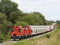 OSRX 1249-OSRX 1245 lead the Ontario Southland Railway's Woodstock Job westbound towards Beachville, with a pair of ex-CP SW1200's