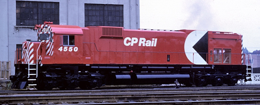 Just released from MLW brand new M-630 4550 sits in Hochelaga Yard.  This paint scheme was an error by MLW.  The rear screening was replaced with louvers that allowed the Multi-mark to be placed at the end of the car body.