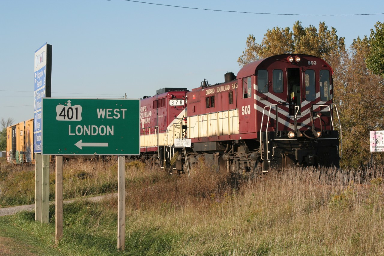 The OSR train is just about to duck under Highway 401 at Putnam Road, just south of Putnam, Ontario on the CP St. Thomas Sub.