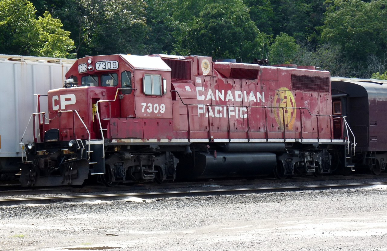 CP inspection train led by ex Delaware and Hudson GP38-2 7309 lays over at Hamilton's Kinnear Yard.Her consist included Accomodation car 68,Gauge Restraint Measurement Vehicle 424993 and Track Evaluation observation car 63.