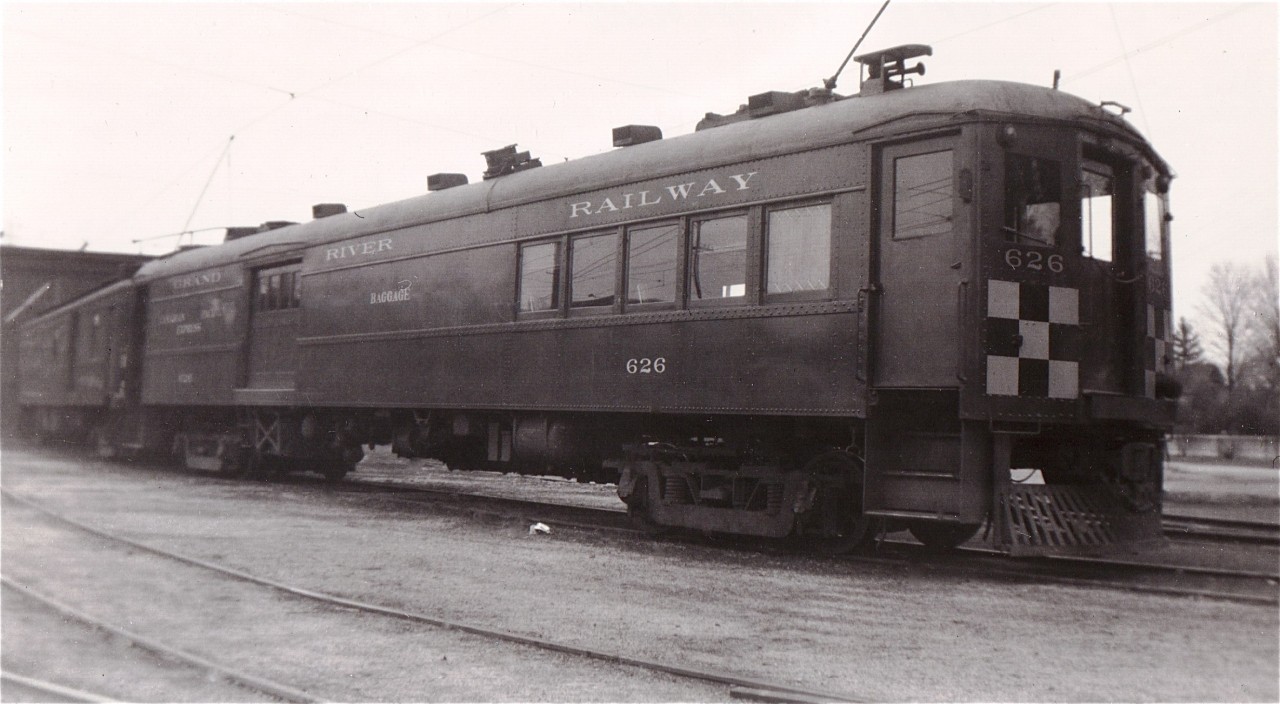 Grand River Railway 626, a combined passenger and baggage/express car was only two years old when this photo was taken having been built in 1947 by National Steel Car in Hamilton.  Pictured here at Preston yard awaiting its next assignment, it turned out to be the last electric interurban car built in Canada.  It was scrapped in 1947.