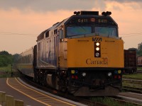 #78 arriving for it's station stop at Brantford behind Operation Lifesaver painted VIA 6411 and 4 LRC coaches