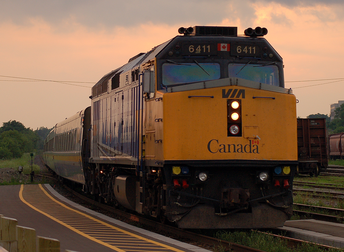 #78 arriving for it's station stop at Brantford behind Operation Lifesaver painted VIA 6411 and 4 LRC coaches