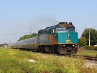 F40PH-2d 6439 smokes it's way out of Chatham station with the afternoon Westbound to Windsor Ontario. The grimy number boards hint at this locomotives journeys.