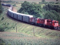 CP SD40-2 #5674 leads two MLW M-636s on a westbound through the Newtonville S-curve. This is the more rarely photographed west end of the curve. September 1990. Back then it could be accessed from Elliott Road. With the construction of the nuclear waste dump and the windmill farm, that road is now private (and gated.) A determined railfan who tried to emulate this shot can get there from Lancaster Road or even Nichols Road then across country. The foliage has grown up, but last time I was there in 2008 there was still an angle that was unobscured.