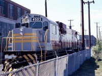 [Editors note: Accepted for rarity and age of shot] Brand new CP C-630 4503 sits on the test track at Montreal Locomotive Works.