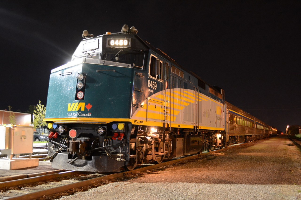 VIA Rail Canada has just renumbered VIA 6403 to VIA 6459, and through all Railfans in to a loop. The reason for this was the new Canadian $10 Bill, coming out soon, has a picture of VIA 6403 leading in the mountains, and from what was stated, for safety of the crews and carrying a good name for the company. (http://www.flickr.com/photos/bankofcanada/8693039423/)

Here is VIA 6459 resting at Walkerville Station (Windsor), waiting to go out as 76 tomorrow. It came down on train 73 and there was no 78 outbound, due to the Civic Holiday, and no 71 inbound tomorrow, it will return to Toronto that way. The Setup looks like the 6459 and the 4 trailing HEPII cars will be set off in London for the outbound Tuesday run of 82.