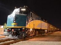 VIA Rail Canada has just renumbered VIA 6403 to VIA 6459, and through all Railfans in to a loop. The reason for this was the new Canadian $10 Bill, coming out soon, has a picture of VIA 6403 leading in the mountains, and from what was stated, for safety of the crews and carrying a good name for the company. (http://www.flickr.com/photos/bankofcanada/8693039423/)

Here is VIA 6459 resting at Walkerville Station (Windsor), waiting to go out as 76 tomorrow. It came down on train 73 and there was no 78 outbound, due to the Civic Holiday, and no 71 inbound tomorrow, it will return to Toronto that way. The Setup looks like the 6459 and the 4 trailing HEPII cars will be set off in London for the outbound Tuesday run of 82.