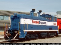 Back in 1990 GMDD hosted an open house and allowed everyone to tour the plant and see how locomotives were built. No cameras were allowed during the open house but a few of us stuck around until after it was over and we were treated to a private tour by the Organizers.  Here GMDD SW7 #57 (ex-TH&B) is on display in front of GMDD.