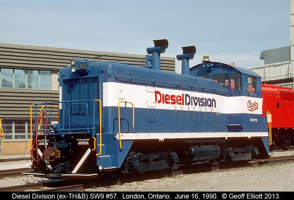 Back in 1990 GMDD hosted an open house and allowed everyone to tour the plant and see how locomotives were built. No cameras were allowed during the open house but a few of us stuck around until after it was over and we were treated to a private tour by the Organizers.  Here GMDD SW7 #57 (ex-TH&B) is on display in front of GMDD.