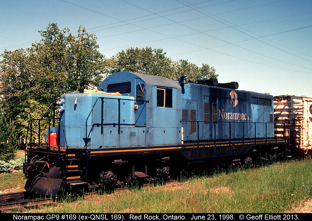 Norampac GP9 #169, former Quebec Northshore & Labrador #169, is busy switching the paper mill in Red Rock, Ontario this day.  The unit has just switched a cut of cars that the CP had setoff here a few hours earlier.  Today, as I understand it, the paper mill in Red Rock is closed and the unit has moved on to become CANAC 8701 and is back switching paper at the mill in Marathon, Ontario.  Here is a link to the unit now....  http://www.railpictures.net/viewphoto.php?id=262952&nseq=1