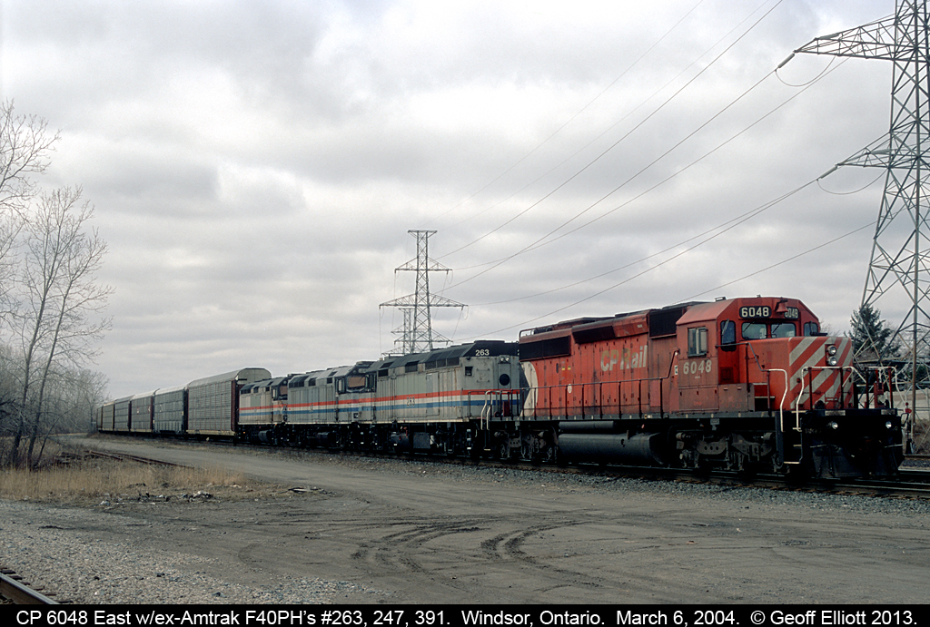 CP 6048 east has 3 ex-Amtrak F40PH's in tow (#263, 247, 397) that are bound for Canadian American Railroad.  These units will be rebuilt with a 'pug nose' to put a platform and steps for crews to use the units in freight service.