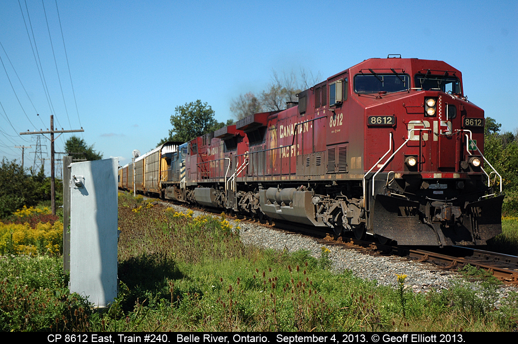 CP train #240, with 8612 on the point and a HUGE train, is passing through Belle River, but is only running at 25mph due to 'non-compliance' power related issues.  The train will continue, restricted to 25mph, until they are able to get into a siding and remarshall the power.