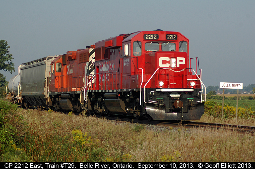 CP Local T29, with GP20C #2212 at the helm, heads to Chatham from Windsor with it's 2 car train.  5 hours later the local would return to Windsor with 1 car.