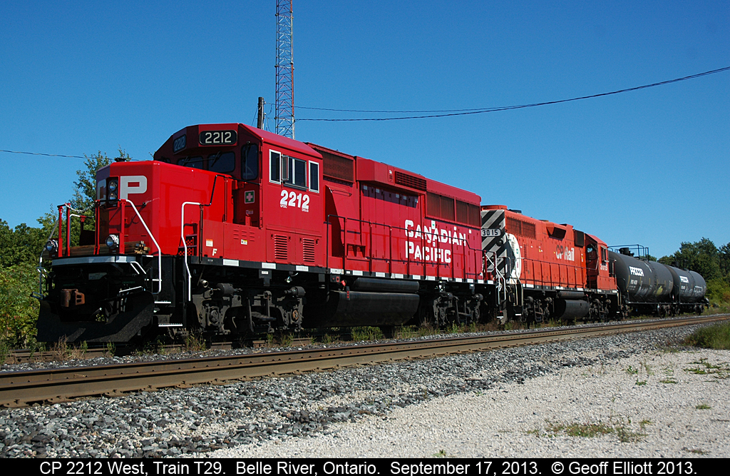 CP 2212, a GP20C-ECO, continues to work the Chatham Local, T29, still today.  Here it sits in the siding in Belle River waiting on 142 to clear before continuing west to Windsor.