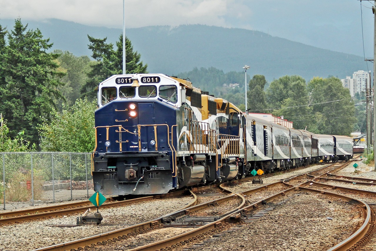Rocky Mountaineer "Whistler Sea to Sky Climb" has been turned and is heading to be parked for the night ready for its next day's run.  GP40-2L(W) 8011 is in the lead with GP40-2 8017 following.