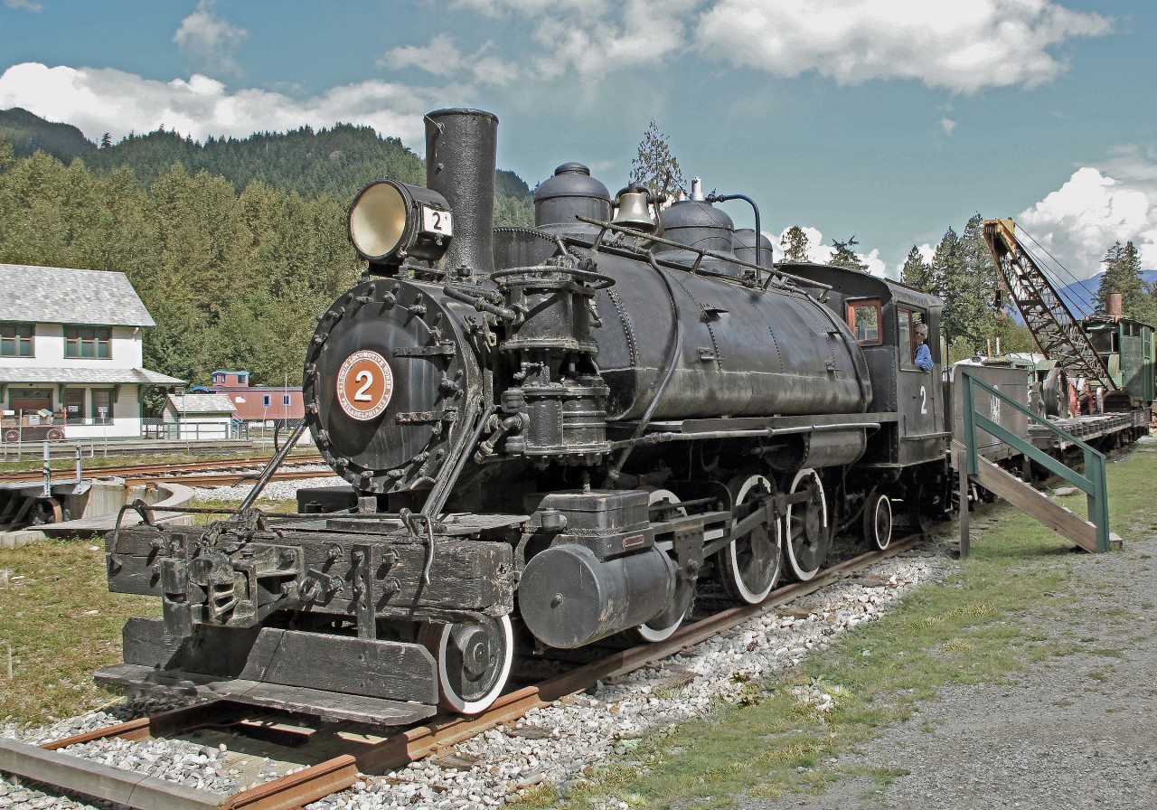 1910 built Baldwin 2-6-2ST #2, ex Howe Sound and Northern Railway, ex PGE.  (with my better-half at the controls!)