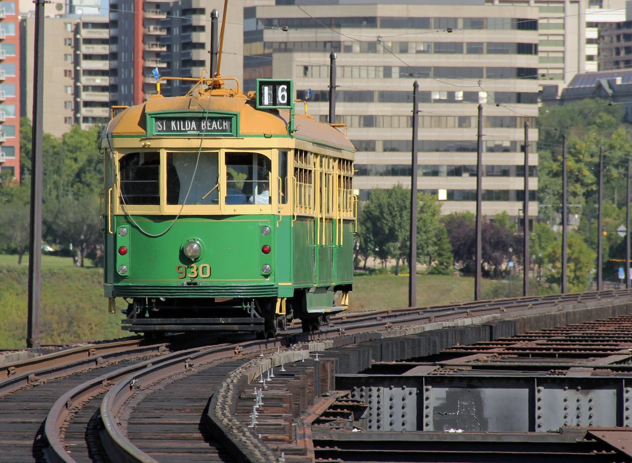 Operated by the Edmonton Radial Railway Society, Melbourne and Metropolitan Tramways Board 1947 built W6 class tram No. 930 runs across the High Level Bridge on the former CP Rail line from Old Strathcona to downtown Edmonton.