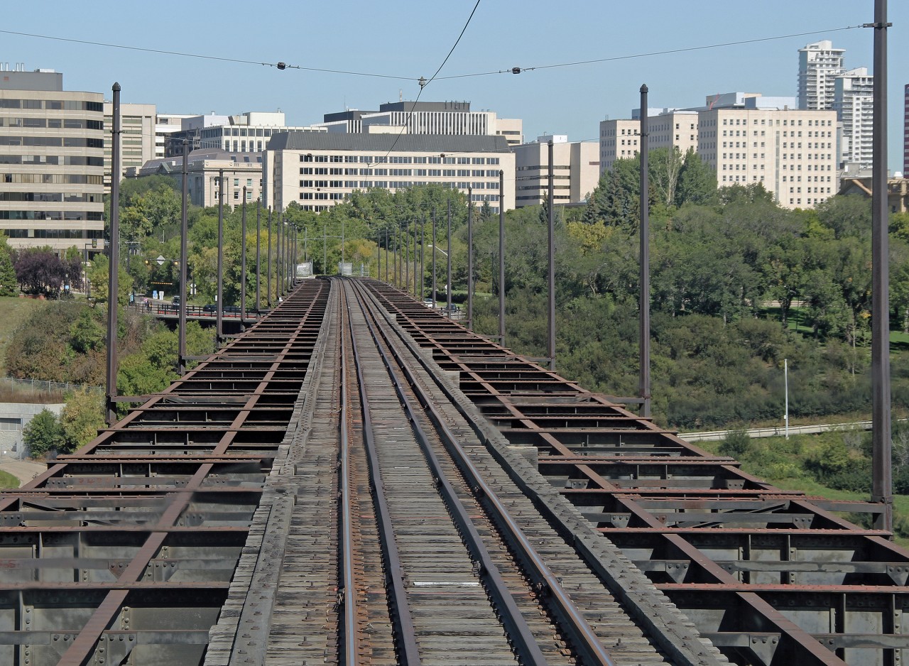 Edmonton High Level Bridge railway (tramway) deck seen as the tram traverses the bridge.
