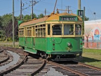 Edmonton Radial Railway Society tram No. 930 departs Old Strathcona Station en route to downtown Edmonton via the High Level Bridge on the former CP Rail line. This is a 1947 built W6 class tram ex Melbourne and Metropolitan Tramways Board.