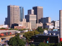 A CN manifest passes through Winnipeg's downtown area.