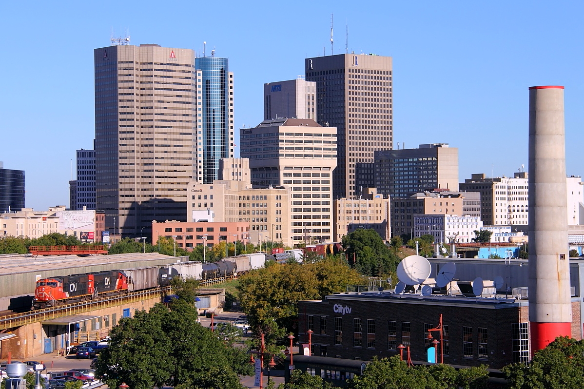 A CN manifest passes through Winnipeg's downtown area.