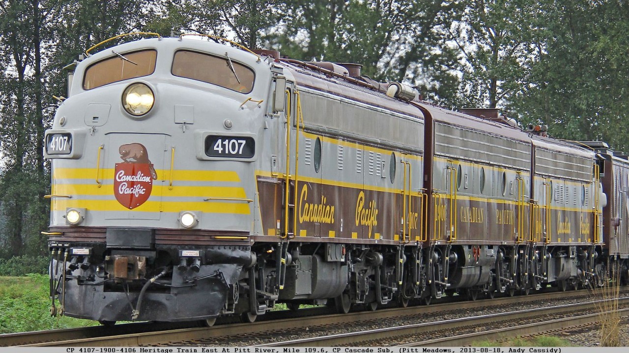On the weekend of August 17th, the cities of Port Coquitlam and Port Moody held their respective Centennial celebration events. CP assisted in these milestone events by providing the Royal Canadian Pacific power and a few coaches to the cities for public rides during the two days.

The consist included the CP 4106 & 4107 (GMD FP9u’s), and the CP 1900 (GMD F9B). None are original CP stock. The train had Power Car CP 96, Coach “Dominion” CP 101, Coach “Smokey Smith” CP 102, and Business Car “Mt. Royal” CP 73.

On Sunday the 18th, the train made two trips from Port Moody to Mission return. This photo is of the second trip East taken from Kennedy Road in Pitt Meadows BC looking West towards the Pitt River Bridge at mile 109.6 on the CP Cascade Sub.