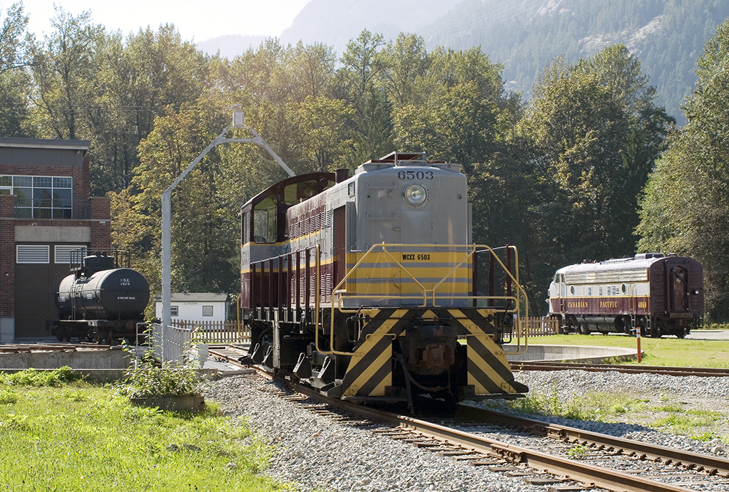 CP 6503, an MLW S-3 built in 1951 and seen here at the West Coast Railway Heritage Park in Squamish B.C. Visible in the background, are the Ex-BCOL/PGE tank car No. 1926 built in 1921 and the CP 4069, a GMD FP7 built in 1952.