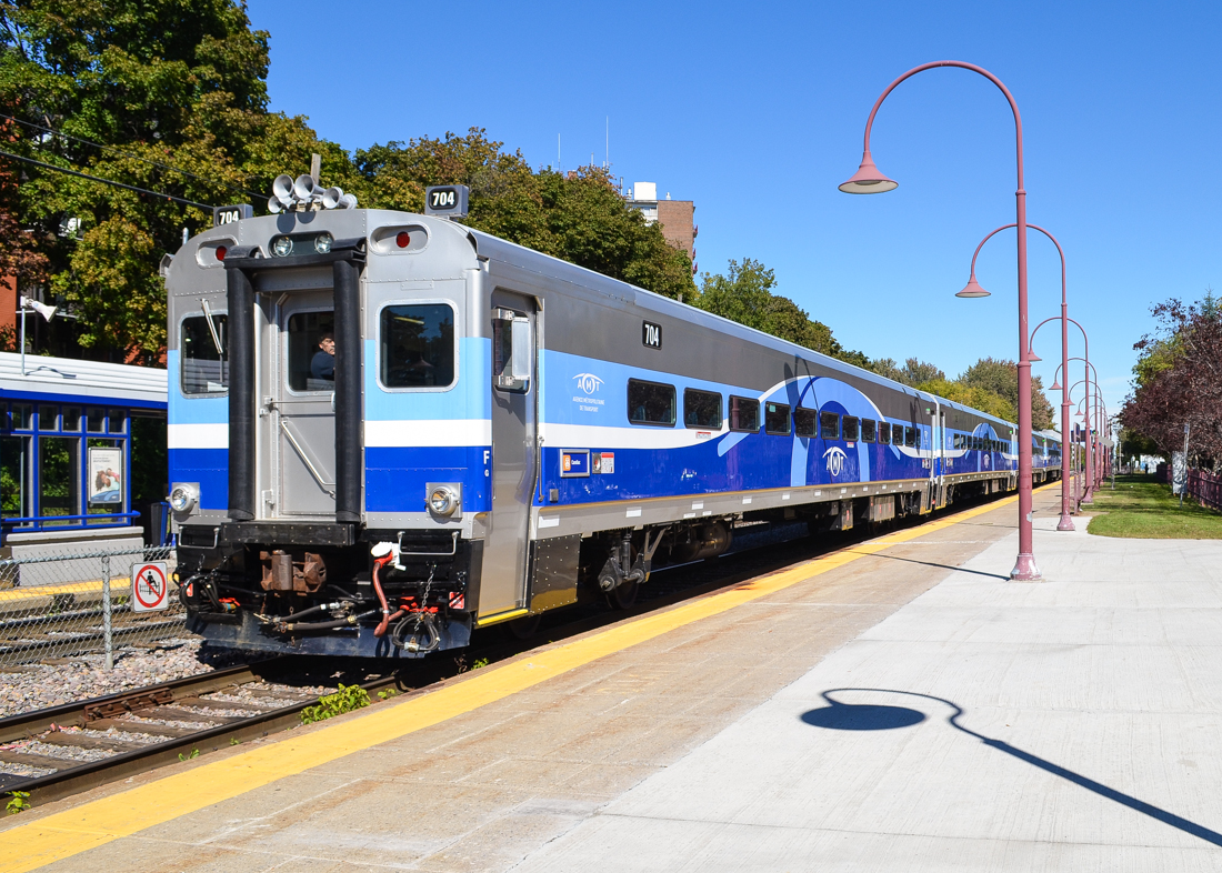 Out of service for over 3 years, and freshly refurbished and repainted, the 700 series AMT cars are starting to enter service on the AMT Candiac line. Here cab car AMT 704 is bringing up the rear of a train about to stop at Montreal West before heading downtown. The rest of the consist was AMT 735, AMT 725, AMT 729 & AMT 1345 (ex-GO Transit F59PH). For more train photos, check out http://www.flickr.com/photos/mtlwestrailfan/