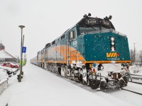A VIA eastbound makes its station stop at Dorval. The (very snow covered) consist was VIA 6436, VIA 6414 and 4 LRC cars on a snowy January day. For more train photos, check out http://www.flickr.com/photos/mtlwestrailfan/