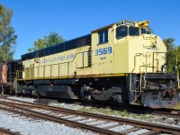 SLQ 3569 was built as CN 2569 by Montreal Locomotive Works in 1976 and renumbered to CN 3569 in 1987. It was sold to the St. Lawrence & Atlantic where it kept the same number and they donated it to Exporail where it now resides. For more train photos, check out http://www.flickr.com/photos/mtlwestrailfan/