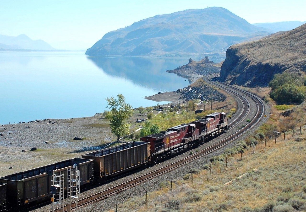 CP nos.8606&9713 are passing Cherry Creek on the Thompson sub. with an empty coal train and are headed towards Kamloops.