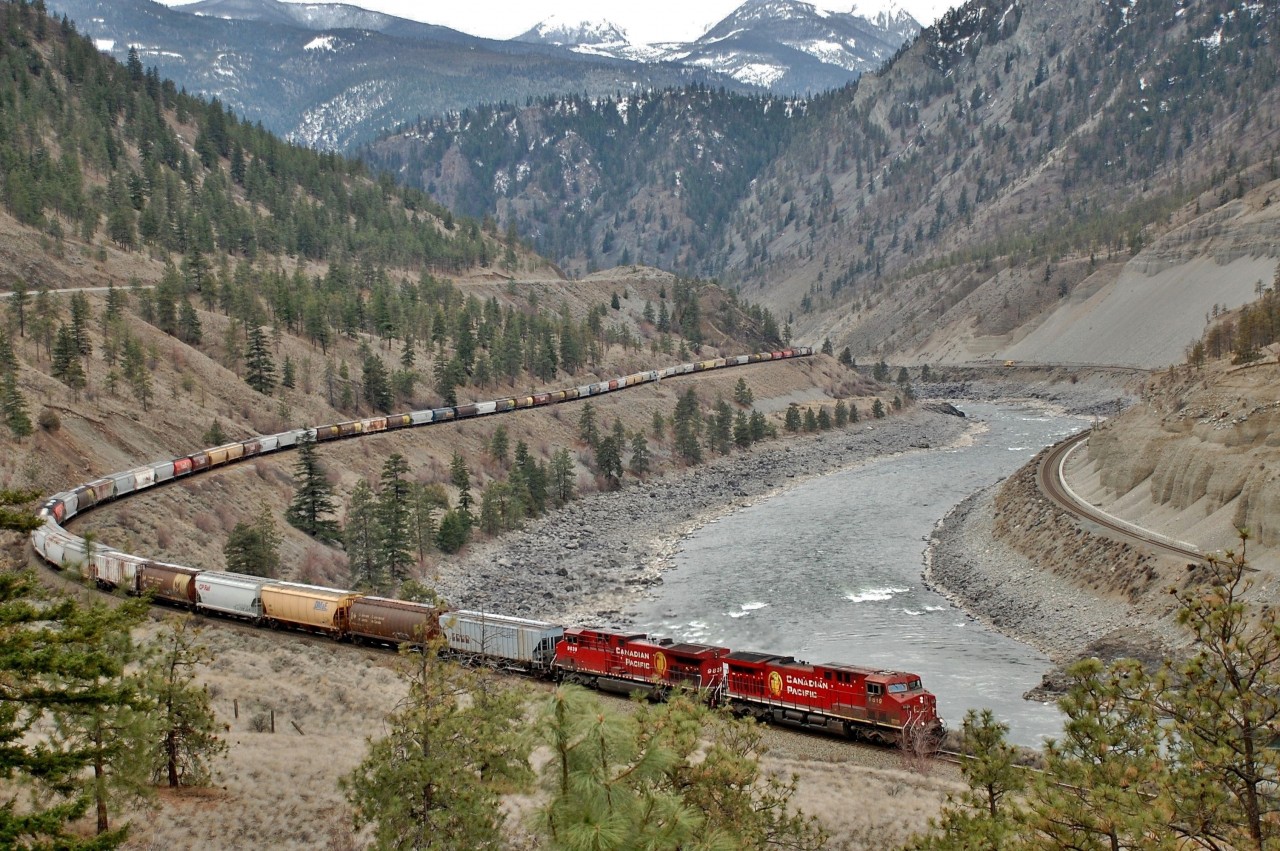 CP nos.9619&9839 are heading east through the Thompson Valley between Lytton and Spences Bridge. CN tracks are on the right and Trans Canada Hwy upper left.