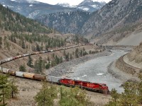 CP nos.9619&9839 are heading east through the Thompson Valley between Lytton and Spences Bridge. CN tracks are on the right and Trans Canada Hwy upper left.