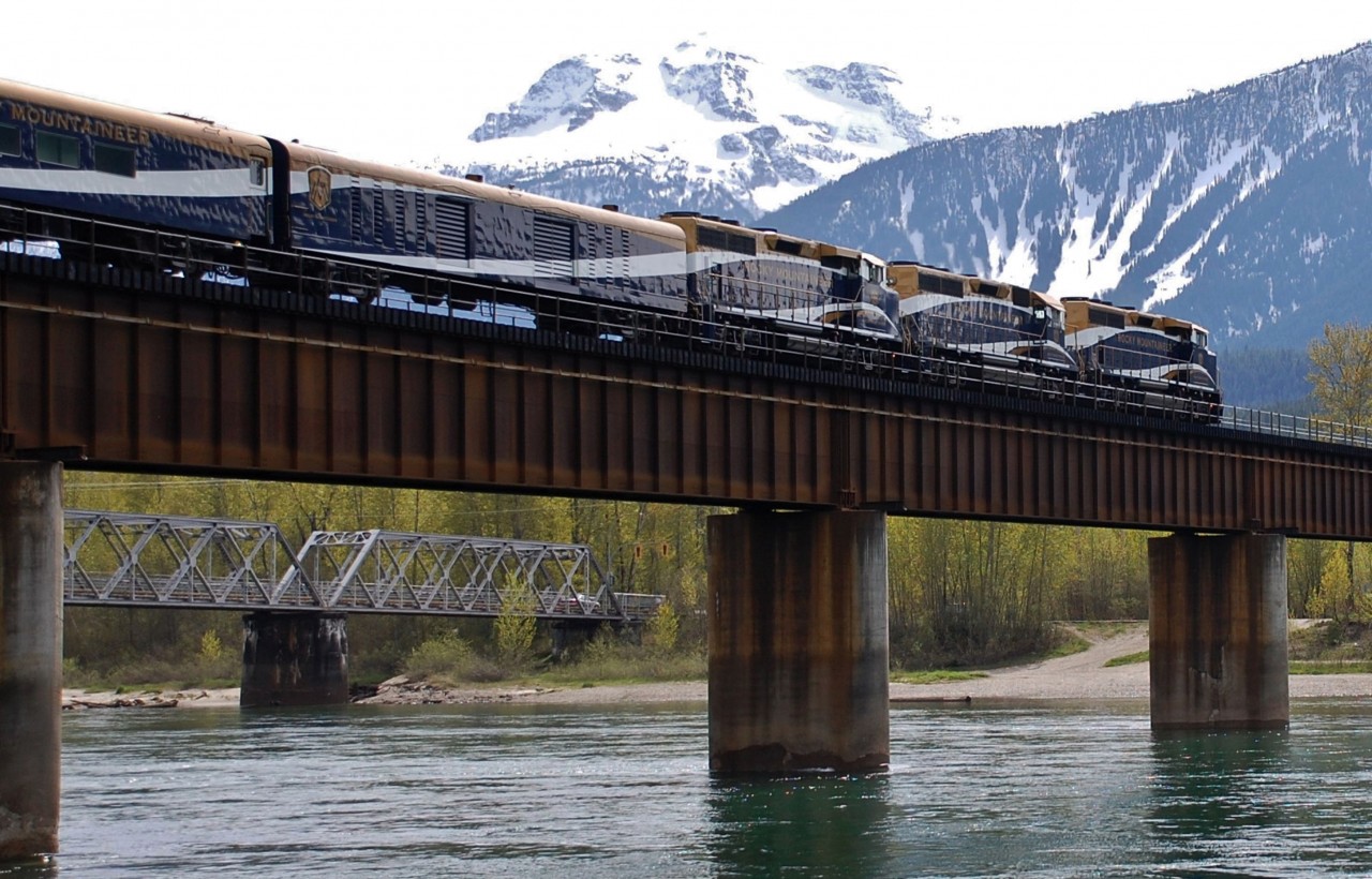 Westbound Rocky Mountaineer is crossing the Columbia River in Revelstoke.